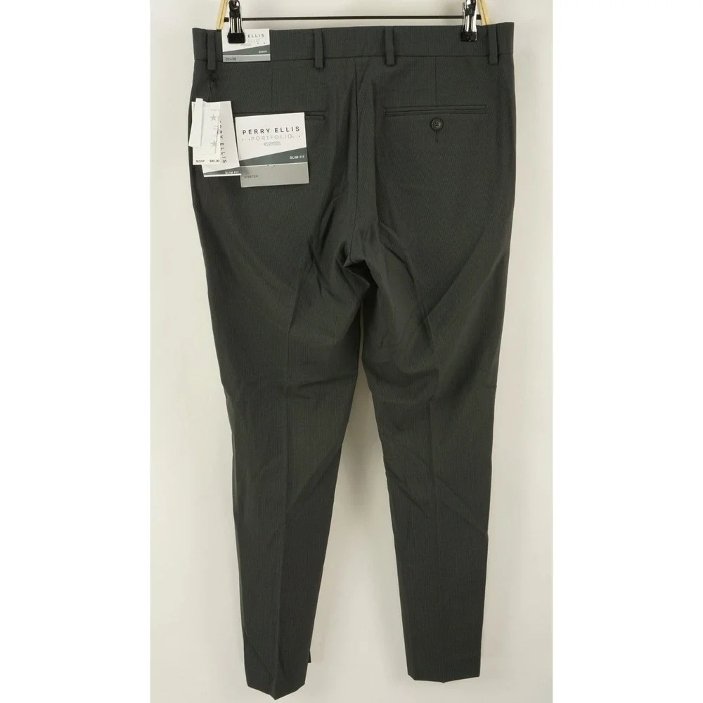 New Perry Ellis Portfolio Slim Flat Front Pants Men 32 x 30 Gray Striped Stretch